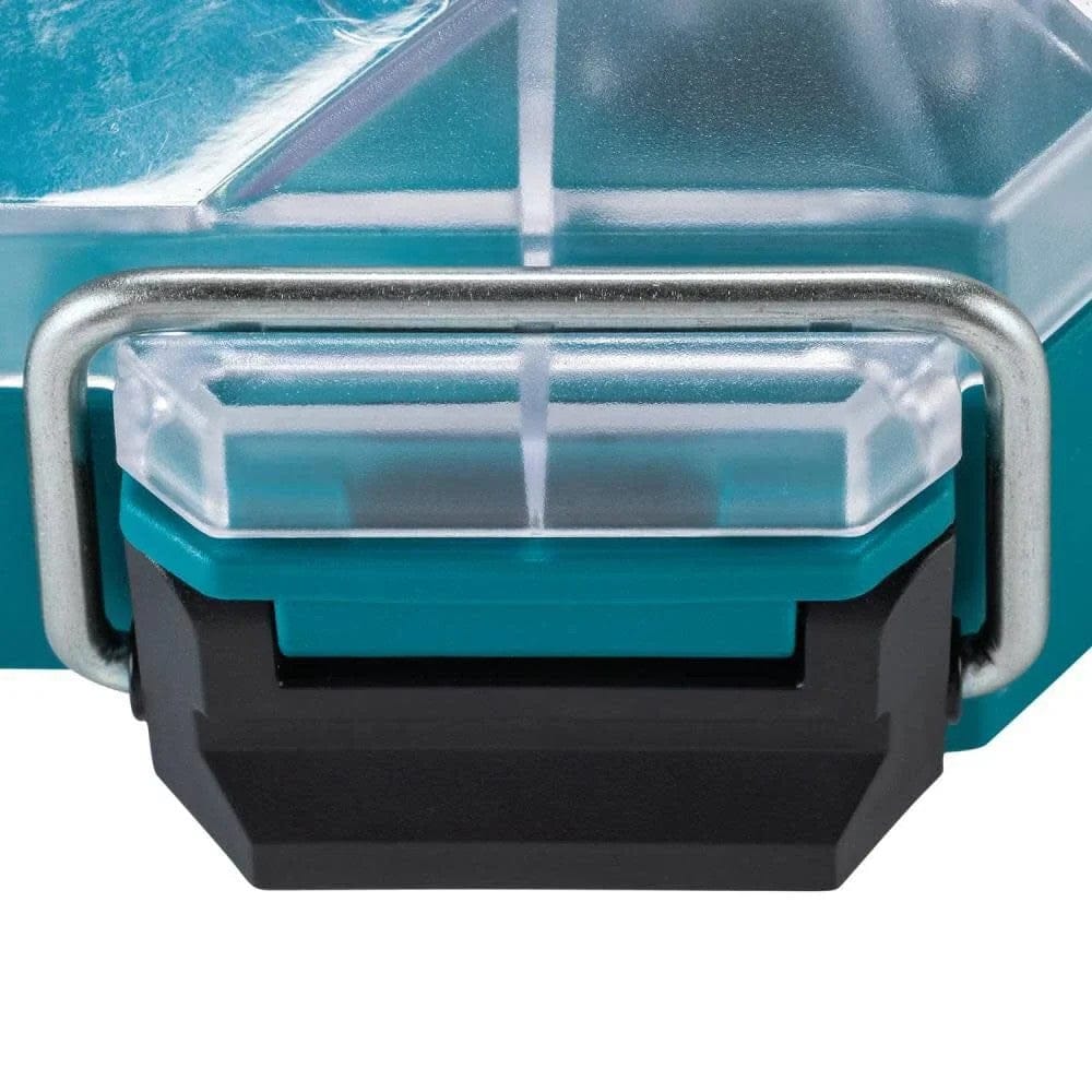 Detailed view of the heavy-duty metal-reinforced locking latch on the Makita T-90059 organizer, providing superior durability and security for modular tool storage.