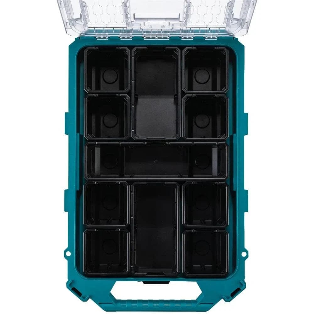 Top-down interior view of the Makita T-90059 modular organizer with the clear lid open, displaying the full 11-bin configuration for small part and equipment organization.