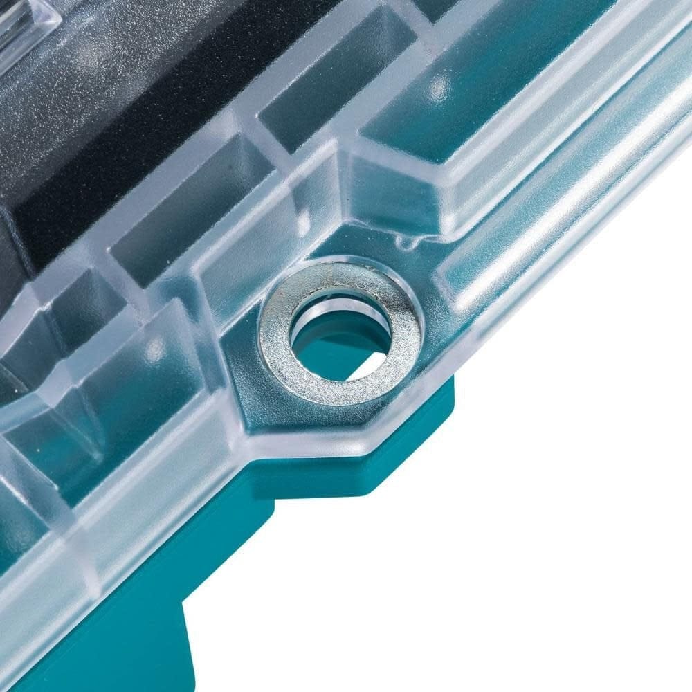 Close-up shot of the metal-reinforced locking point on the corner of the Makita MAKTRAK organizer, emphasizing the industrial-grade security features.