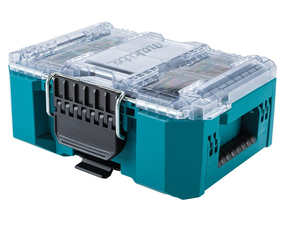 A closed Makita MAKTRAK T-90065 deep compact modular tool organizer featuring a teal impact-resistant copolymer body, a clear lid for easy content identification, and large black latches for secure jobsite storage.