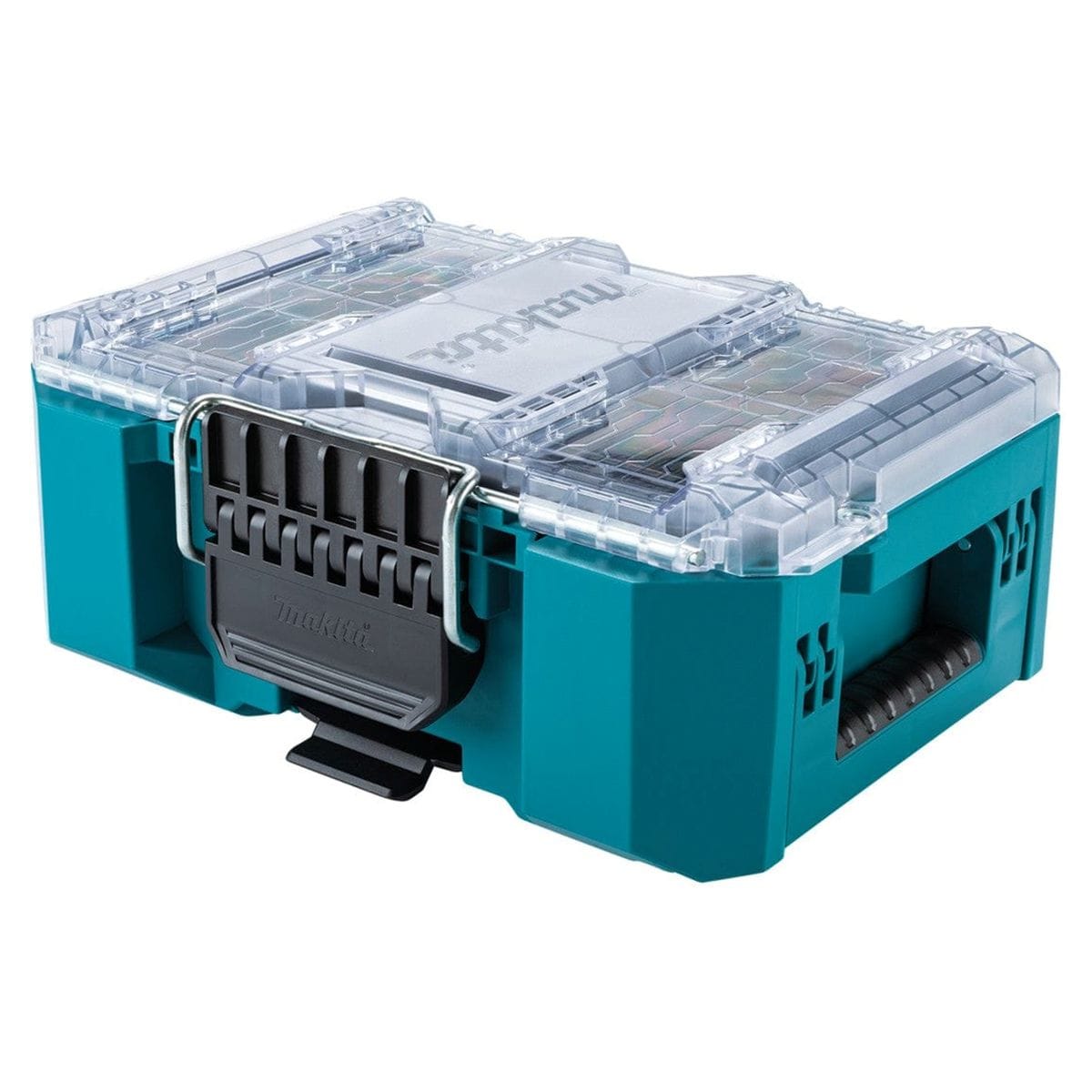 A closed Makita MAKTRAK T-90065 deep compact modular tool organizer featuring a teal impact-resistant copolymer body, a clear lid for easy content identification, and large black latches for secure jobsite storage.