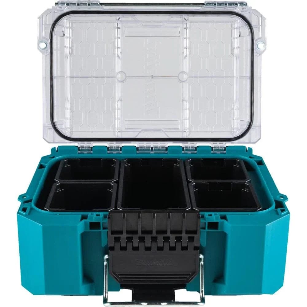An open view of the Makita MAKTRAK T-90065 deep compact organizer showcasing five black removable storage bins inside the teal modular case, demonstrating its 522 cubic inch storage capacity for small parts and equipment.