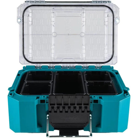 An open view of the Makita MAKTRAK T-90065 deep compact organizer showcasing five black removable storage bins inside the teal modular case, demonstrating its 522 cubic inch storage capacity for small parts and equipment.