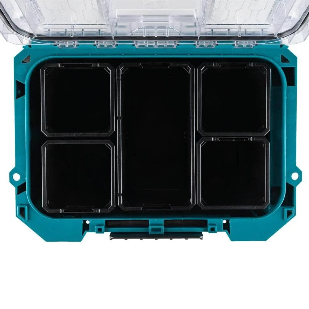 Top-down interior view of the open Makita T-90065 modular organizer with the clear lid up, displaying the five-bin configuration designed for efficient organization of professional tradespeople's tools.