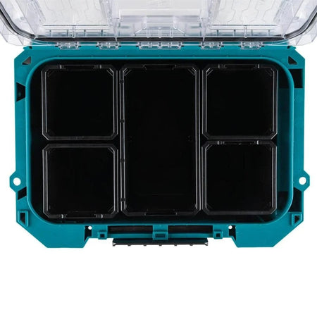 Top-down interior view of the open Makita T-90065 modular organizer with the clear lid up, displaying the five-bin configuration designed for efficient organization of professional tradespeople's tools.