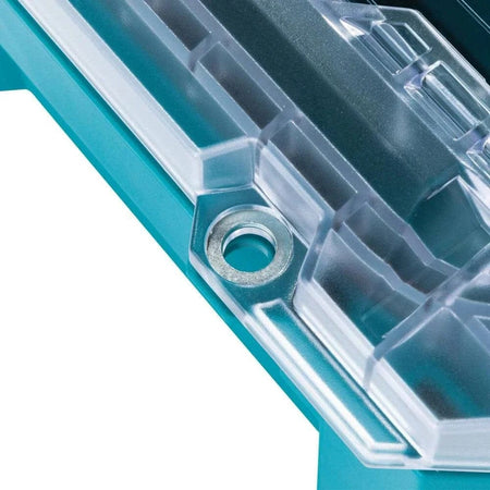 A close-up detail of the metal-reinforced locking point on the clear lid of the Makita MAKTRAK organizer, illustrating the heavy-duty construction and security features of the modular storage system.