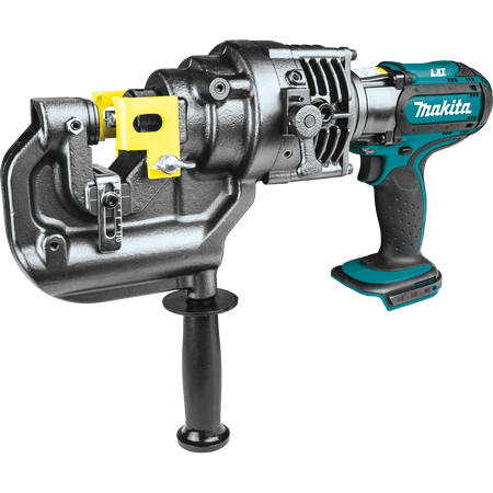 Makita XPP01ZK 18V cordless 5/16-inch metal hole puncher bare tool featuring a rugged steel C-frame and side handle.