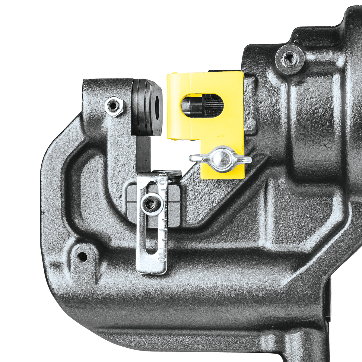 Close-up of the adjustable depth guide and punch die assembly on the Makita metal hole puncher.