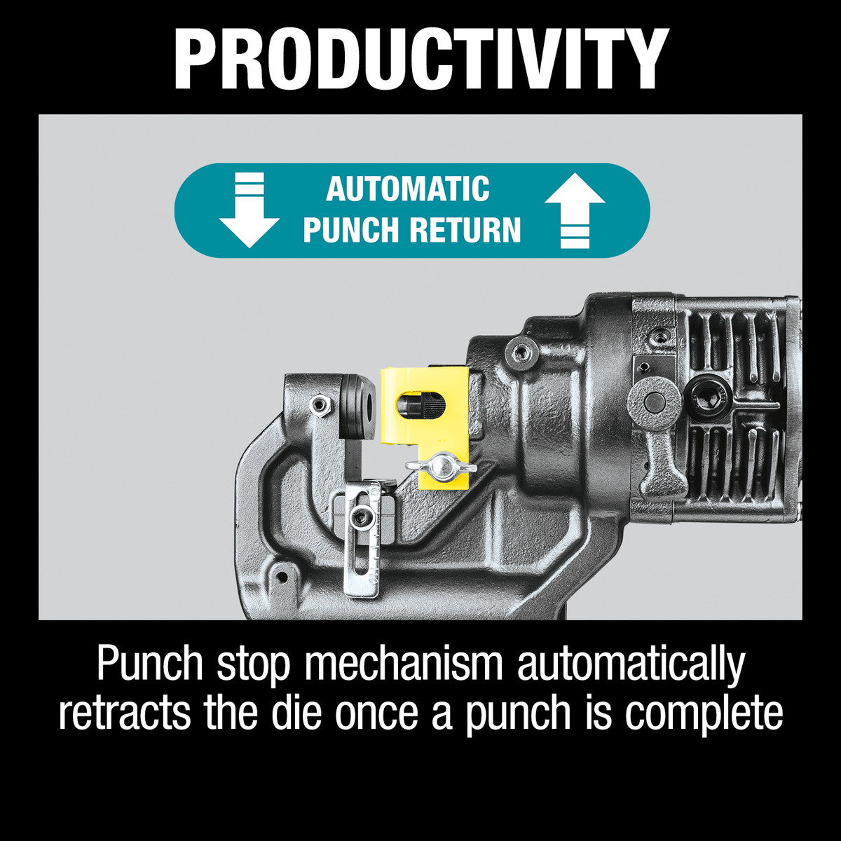 Close-up of the automatic punch return mechanism that retracts the die immediately after completing a hole.