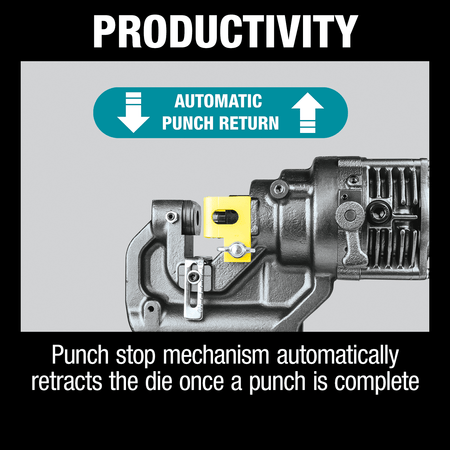 Close-up of the automatic punch return mechanism that retracts the die immediately after completing a hole.
