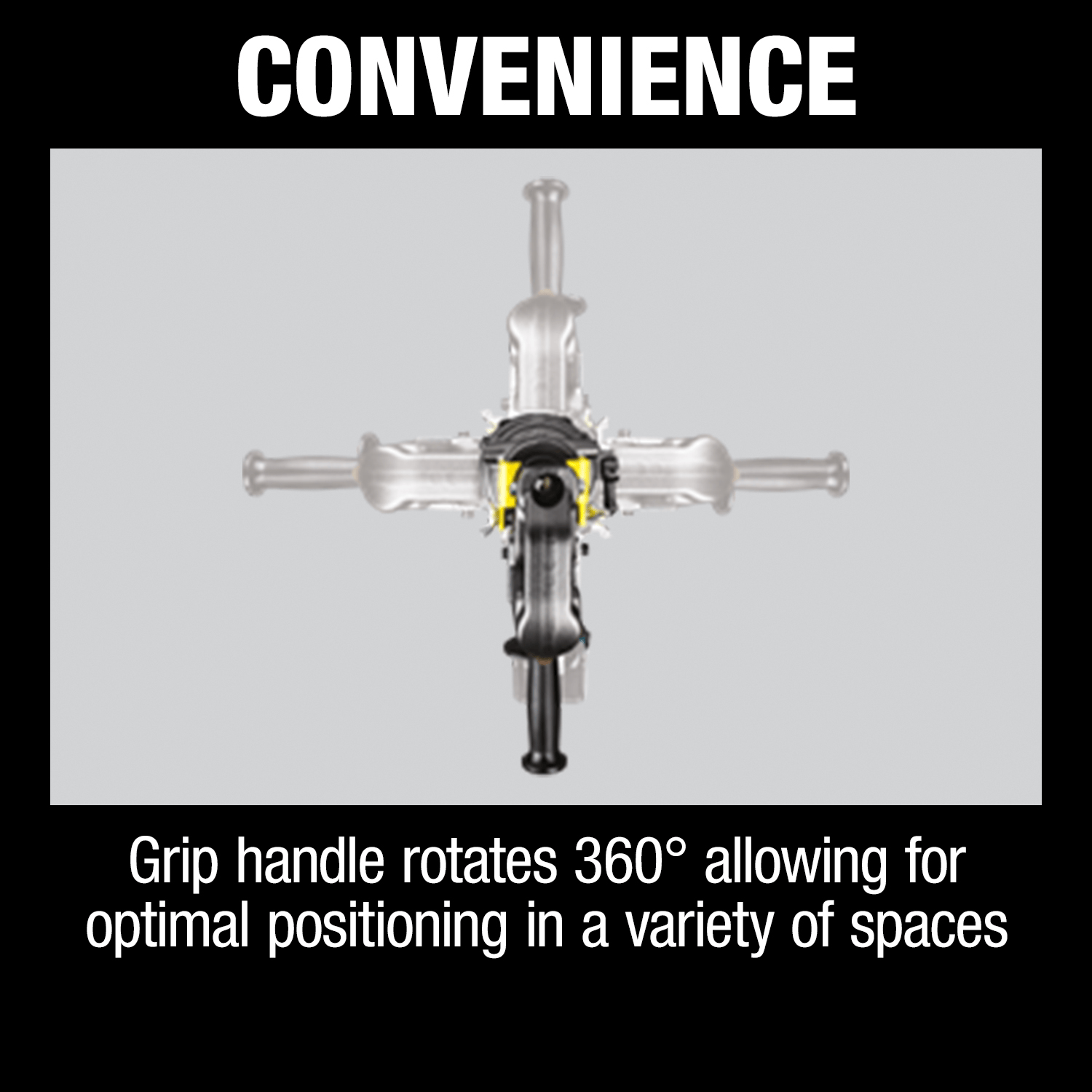 Top-down view demonstrating the 360-degree rotating grip handle for optimal tool positioning in tight spaces.
