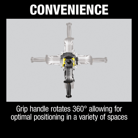 Top-down view demonstrating the 360-degree rotating grip handle for optimal tool positioning in tight spaces.