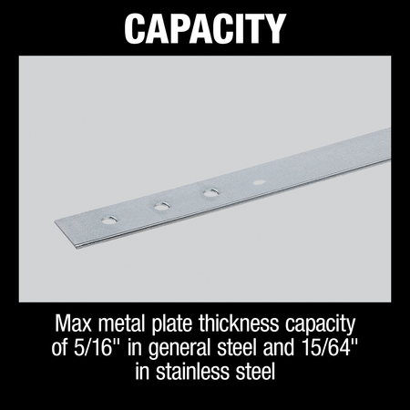 Steel bar with clean, burr-free holes punched up to 5/16-inch thick in general steel and 15/64-inch in stainless steel.