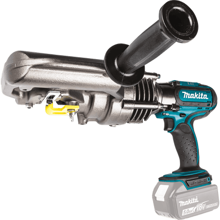 Angled side profile of the Makita 18V LXT cordless hole puncher highlighting its heavy-duty cast metal housing.
