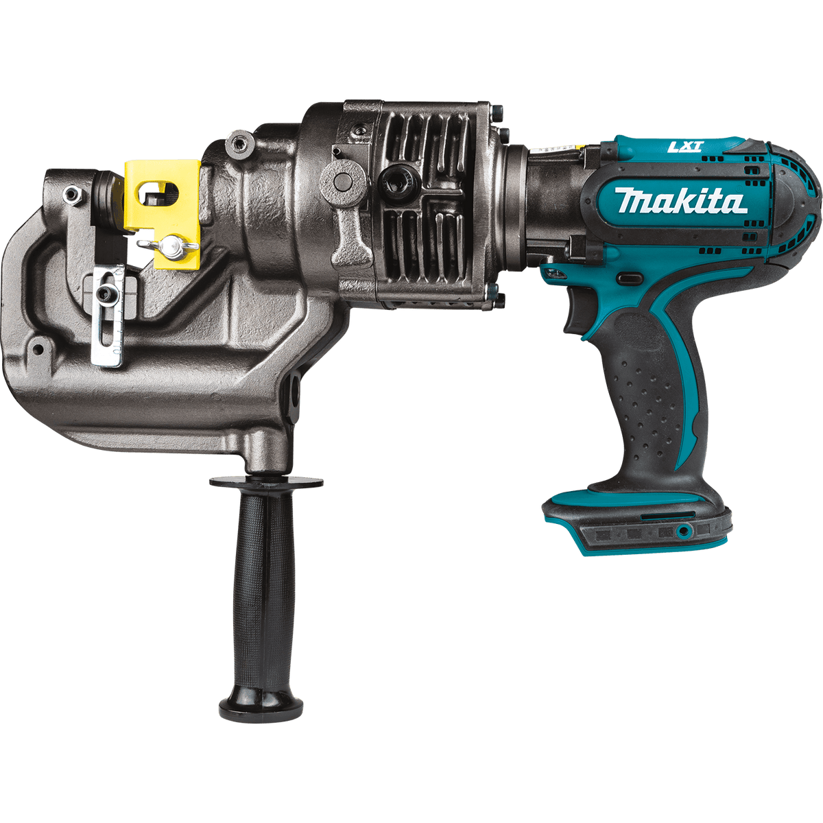 Side view of the Makita XPP01ZK cordless metal puncher showing the adjustable depth guide and ergonomic pistol grip.