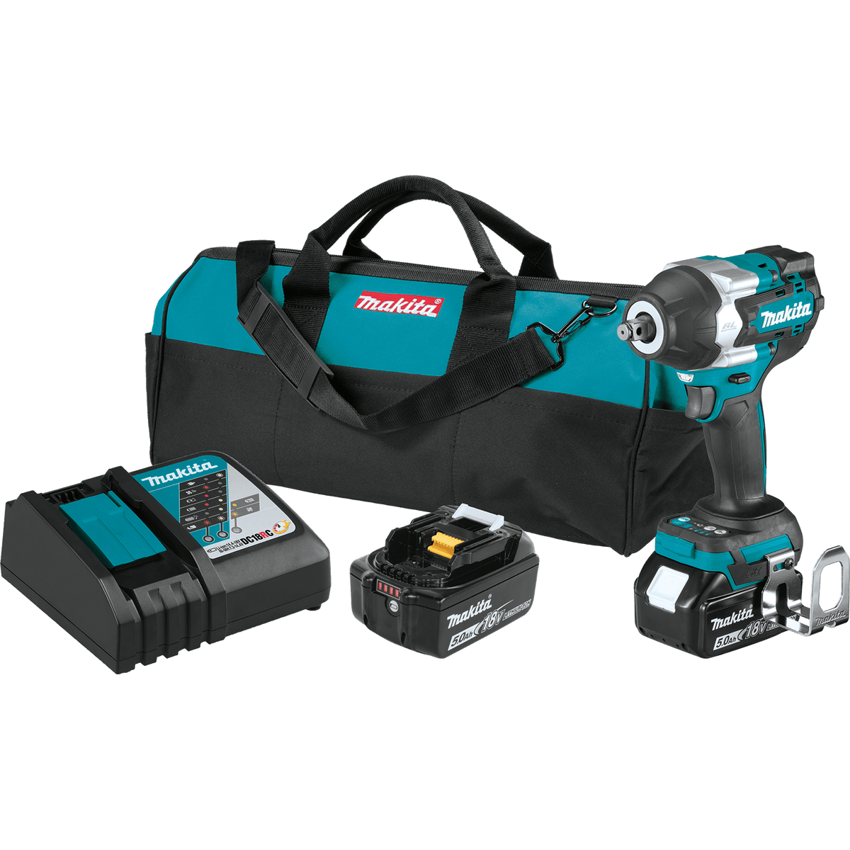 Makita XWT17T 18V LXT cordless mid-torque impact wrench kit complete with two 5.0Ah batteries, rapid charger, and contractor bag.