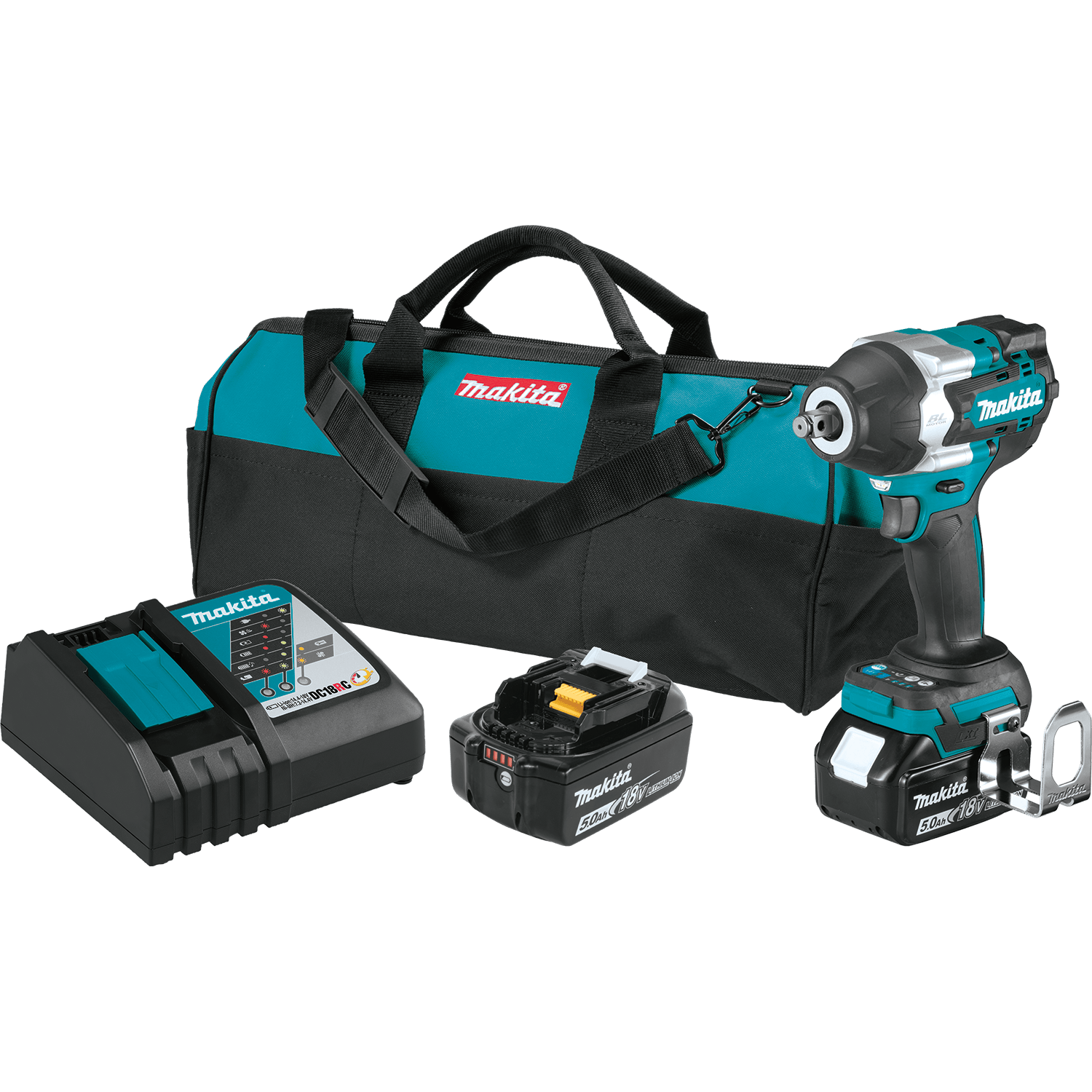 Makita XWT17T 18V LXT cordless mid-torque impact wrench kit complete with two 5.0Ah batteries, rapid charger, and contractor bag.