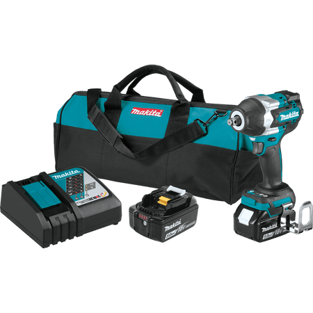 Makita XWT17T 18V LXT cordless mid-torque impact wrench kit complete with two 5.0Ah batteries, rapid charger, and contractor bag.