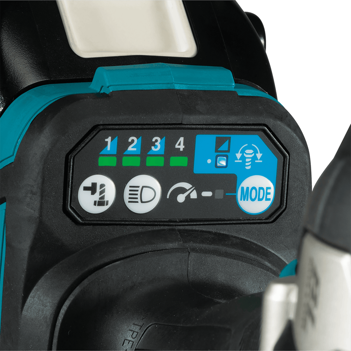 Electronic base panel of the Makita XWT17 impact wrench displaying 4 speed power levels, LED light toggle, and auto-stop mode selectors.