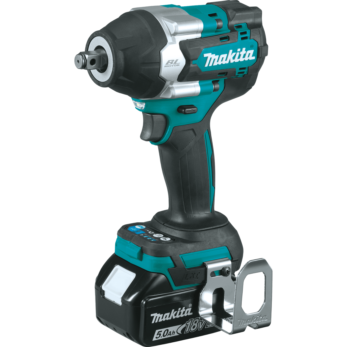 Makita XWT17 18V cordless mid-torque impact wrench featuring a 1/2-inch friction ring anvil, brushless motor, and attached belt clip.