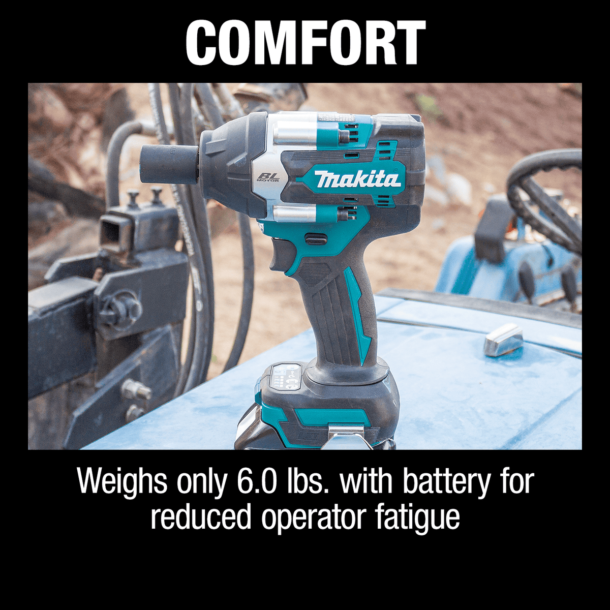 Compact 6.0-pound Makita XWT17 mid-torque impact wrench resting on a vehicle frame to highlight low operator fatigue during assembly.