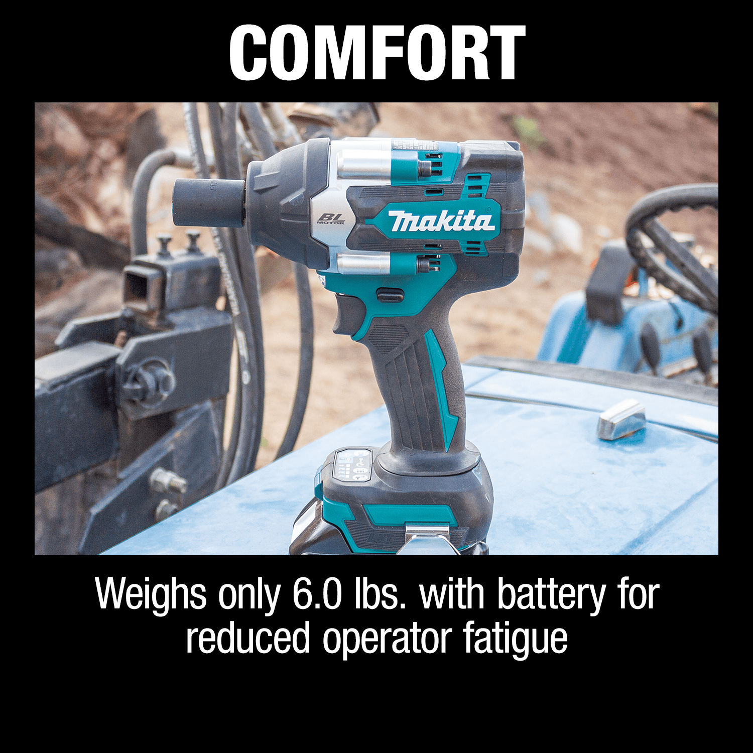 Compact 6.0-pound Makita XWT17 mid-torque impact wrench resting on a vehicle frame to highlight low operator fatigue during assembly.