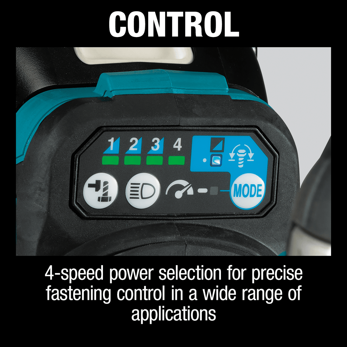 Close-up of the Makita XWT17 electronic control panel showing 4 speed settings and auto-stop mode controls for precise fastening.