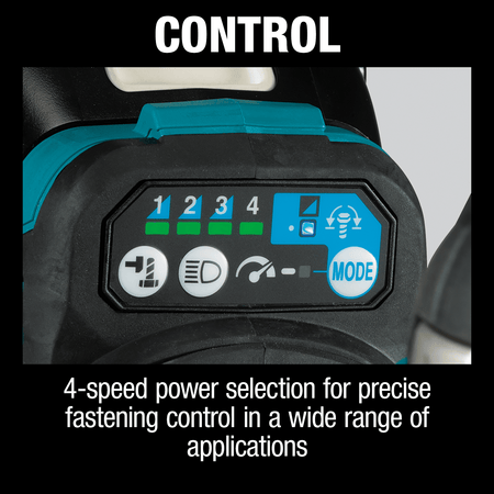 Close-up of the Makita XWT17 electronic control panel showing 4 speed settings and auto-stop mode controls for precise fastening.