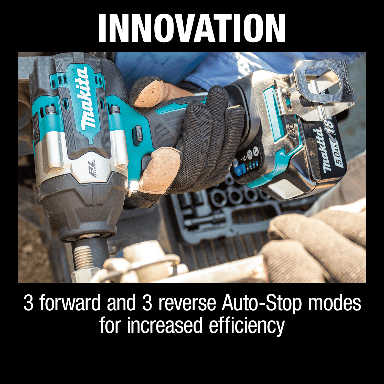 Mechanic using the Makita XWT17 mid-torque impact wrench with auto-stop mode to prevent over-tightening structural bolts.