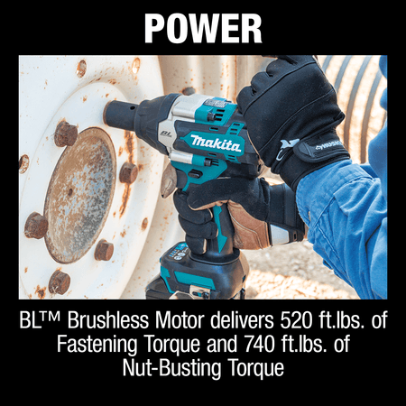 Technician removing rusted lug nuts from a heavy equipment wheel using 740 ft-lbs of nut-busting torque from the Makita XWT17 impact wrench.