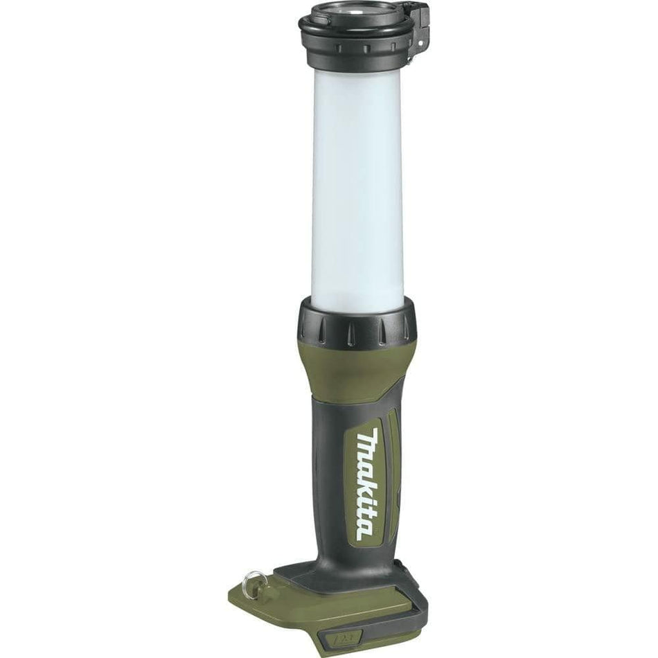 Makita ADML807 LED lantern standing upright with cylindrical light tube, ergonomic handle, and battery base. Designed for portable illumination in work or outdoor settings