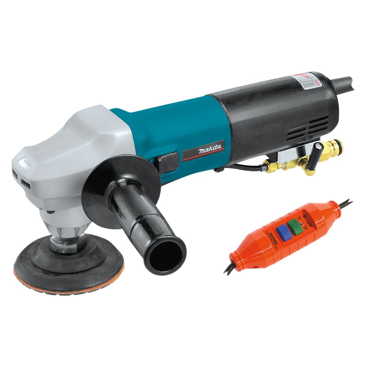 Perspective view of the Makita PW5001C 4-inch electronic wet stone polisher featuring the integrated GFCI plug, side handle, and brass water valve for professional stone finishing.