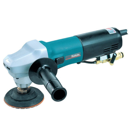 Side profile of the Makita 7.9 AMP wet stone polisher highlighting the slim barrel grip design and the water hose connection point for constant cooling during granite and marble polishing.