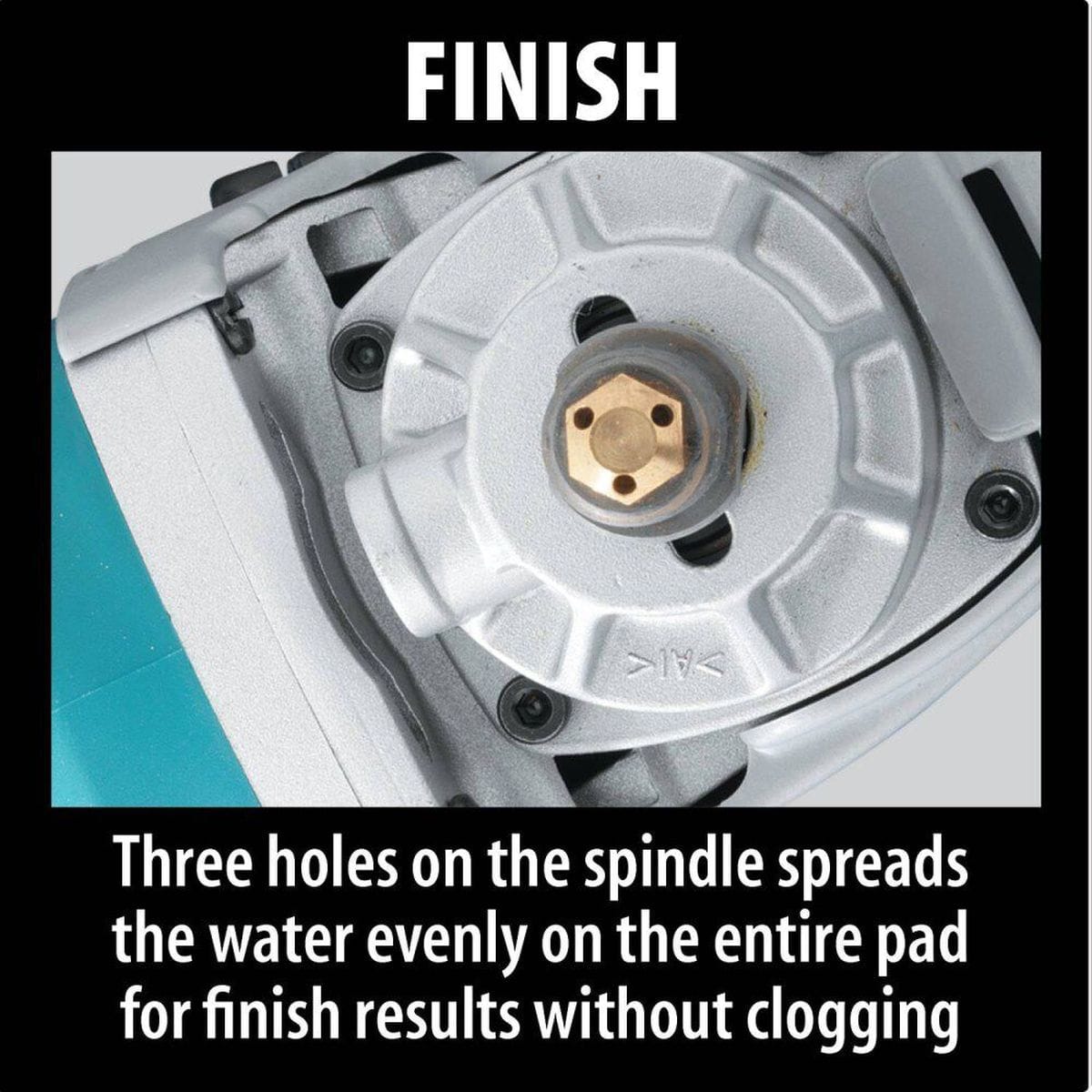 Close-up technical graphic of the Makita PW5001C spindle showing the three water distribution holes designed to spread water evenly across the entire pad for a clog-free professional finish.