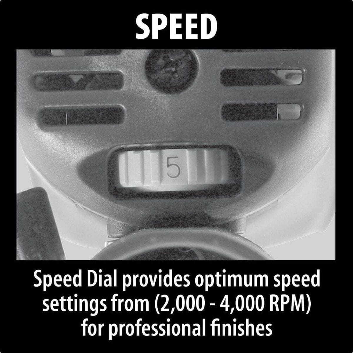 Detailed view of the electronic variable speed dial on the Makita stone polisher, allowing for optimum speed settings between 2,000 and 4,000 RPM to match the specific stone application.