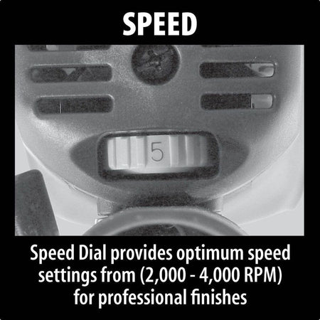 Detailed view of the electronic variable speed dial on the Makita stone polisher, allowing for optimum speed settings between 2,000 and 4,000 RPM to match the specific stone application.