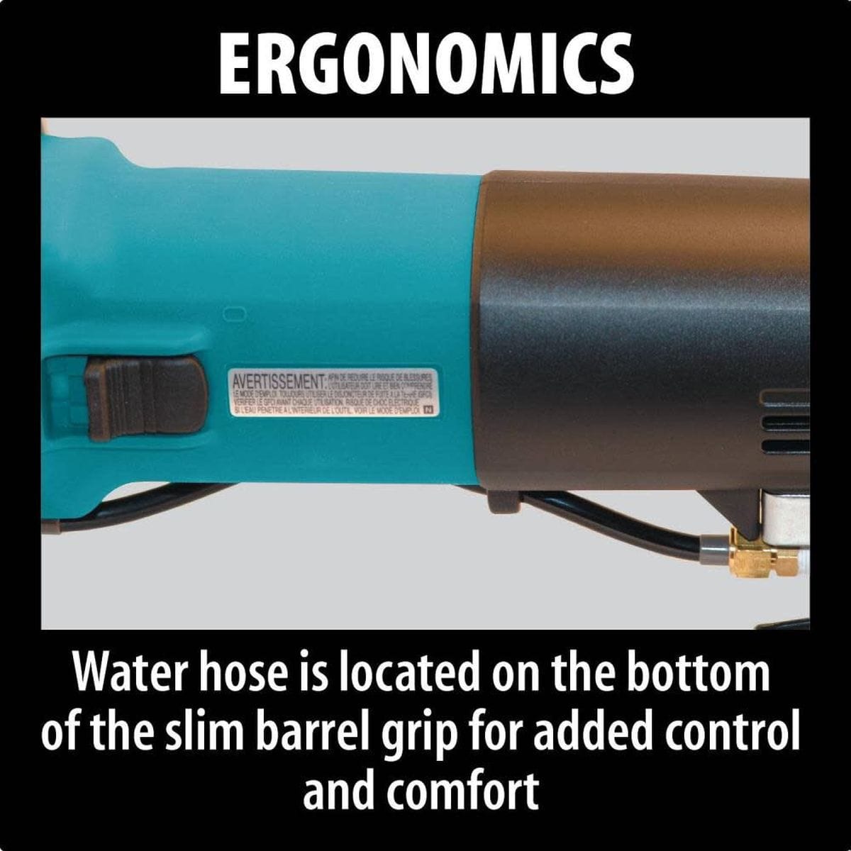 Close-up of the Makita PW5001C handle area emphasizing the ergonomic placement of the water hose on the bottom of the slim barrel grip for increased comfort and tool control.