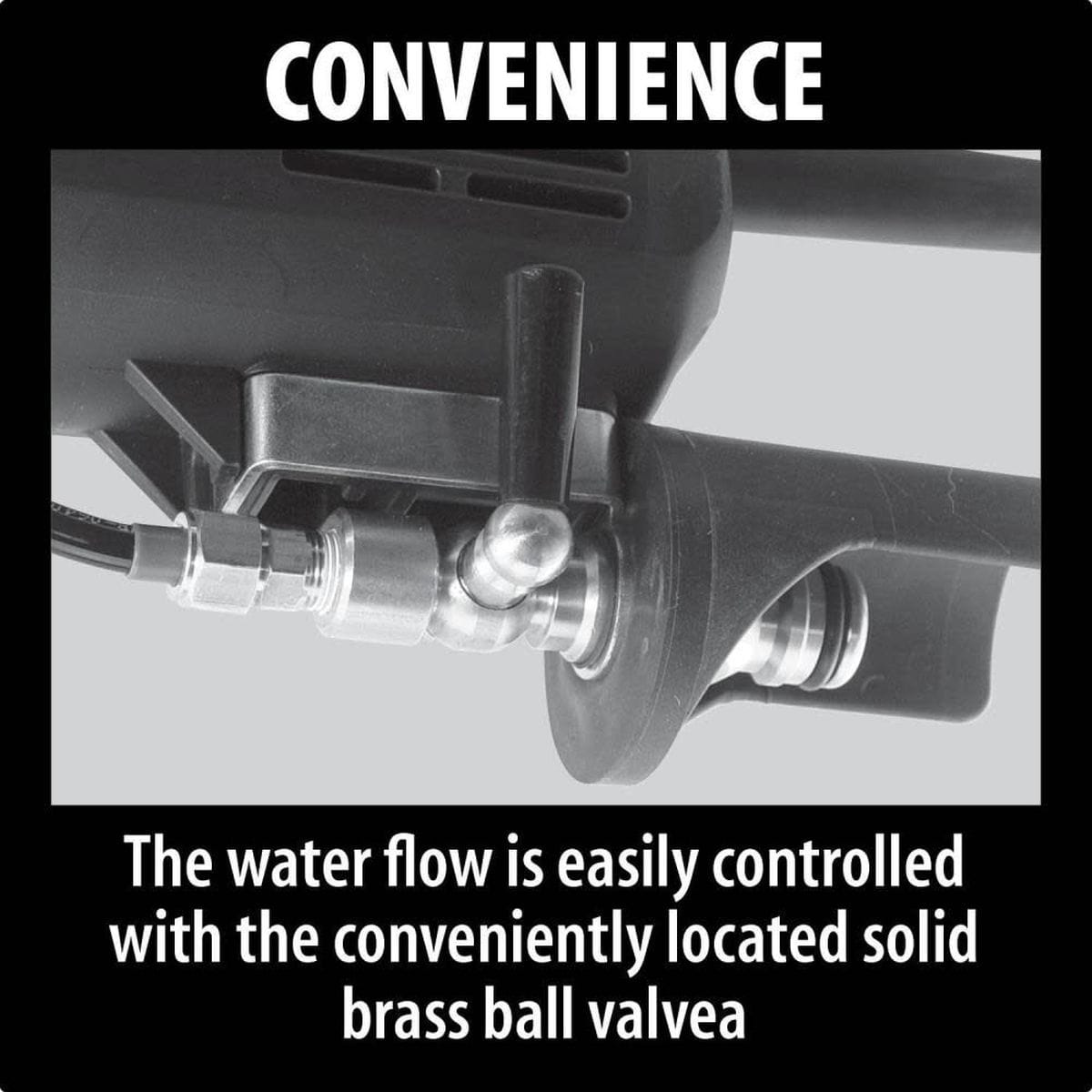 Detailed view of the conveniently located solid brass ball valve on the Makita wet polisher, providing precise manual control of water flow during concrete and stone finishing tasks.