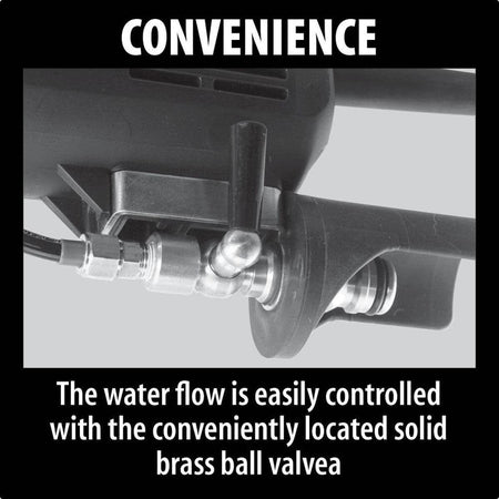 Detailed view of the conveniently located solid brass ball valve on the Makita wet polisher, providing precise manual control of water flow during concrete and stone finishing tasks.