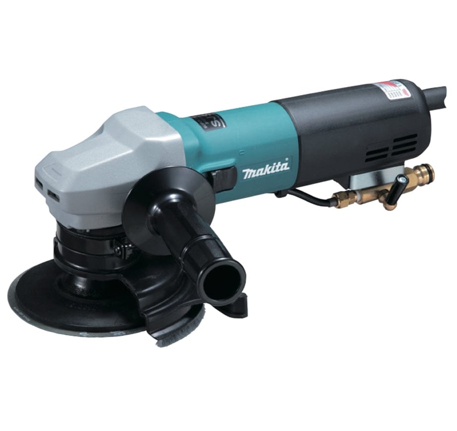 Studio angled view of the Makita wet stone polisher featuring a teal body, black rear handle, side handle, and brass water valve attachment.