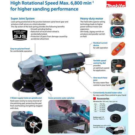 Detailed infographic of the stone polisher pointing out key features such as the Super Joint System, 4 water supply holes, variable speed dial, and heavy-duty motor.