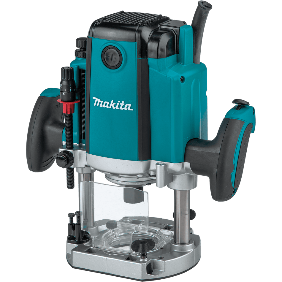 Makita RP1800 3-1/4 HP corded plunge router with depth adjustment scale, plunge lock lever, and 1/2-inch collet.