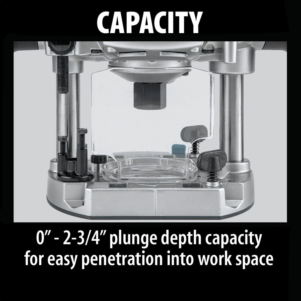 Makita RP1800 plunge base showcasing 0 to 2-3/4-inch plunge capacity, clear chip deflector, and 3-stage turret stop.