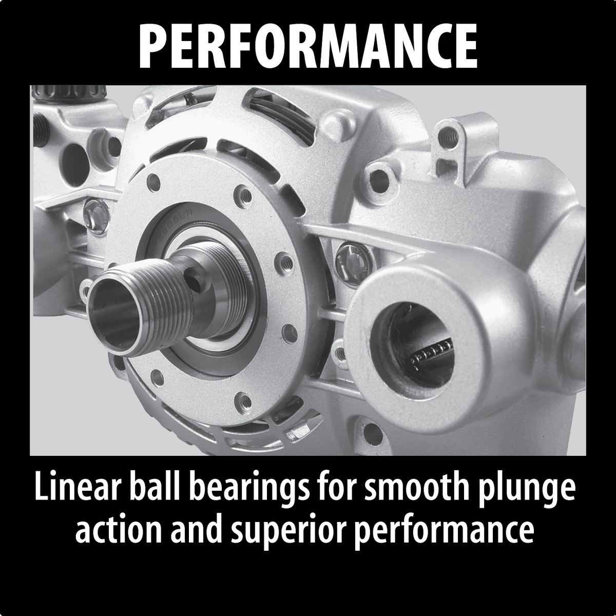 Underside view of the Makita RP1800 router housing displaying dual linear ball bearings for smooth vertical plunging.