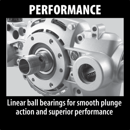 Underside view of the Makita RP1800 router housing displaying dual linear ball bearings for smooth vertical plunging.
