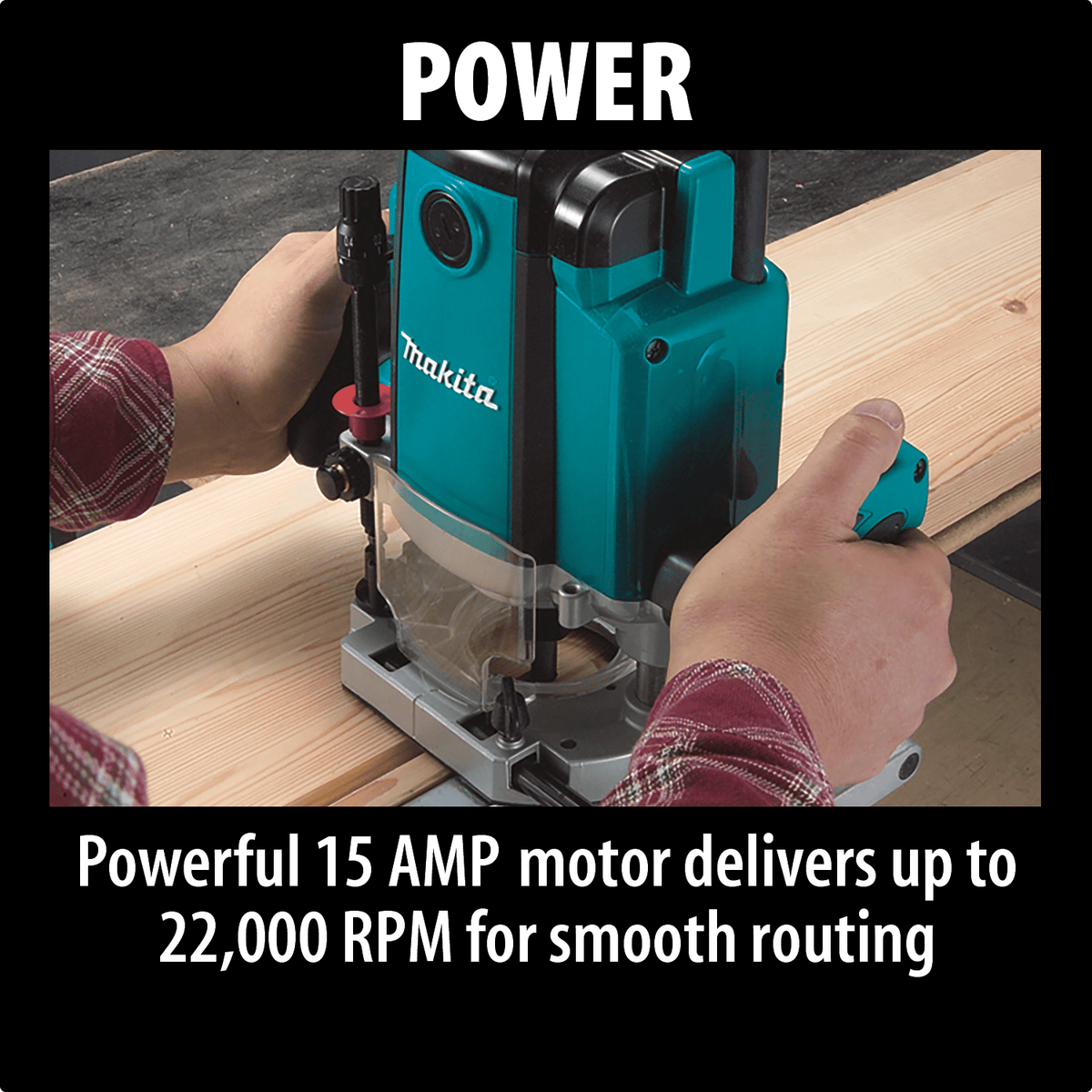 Woodworker guiding Makita RP1800 15 Amp 22,000 RPM plunge router with edge guide across a solid wood board.