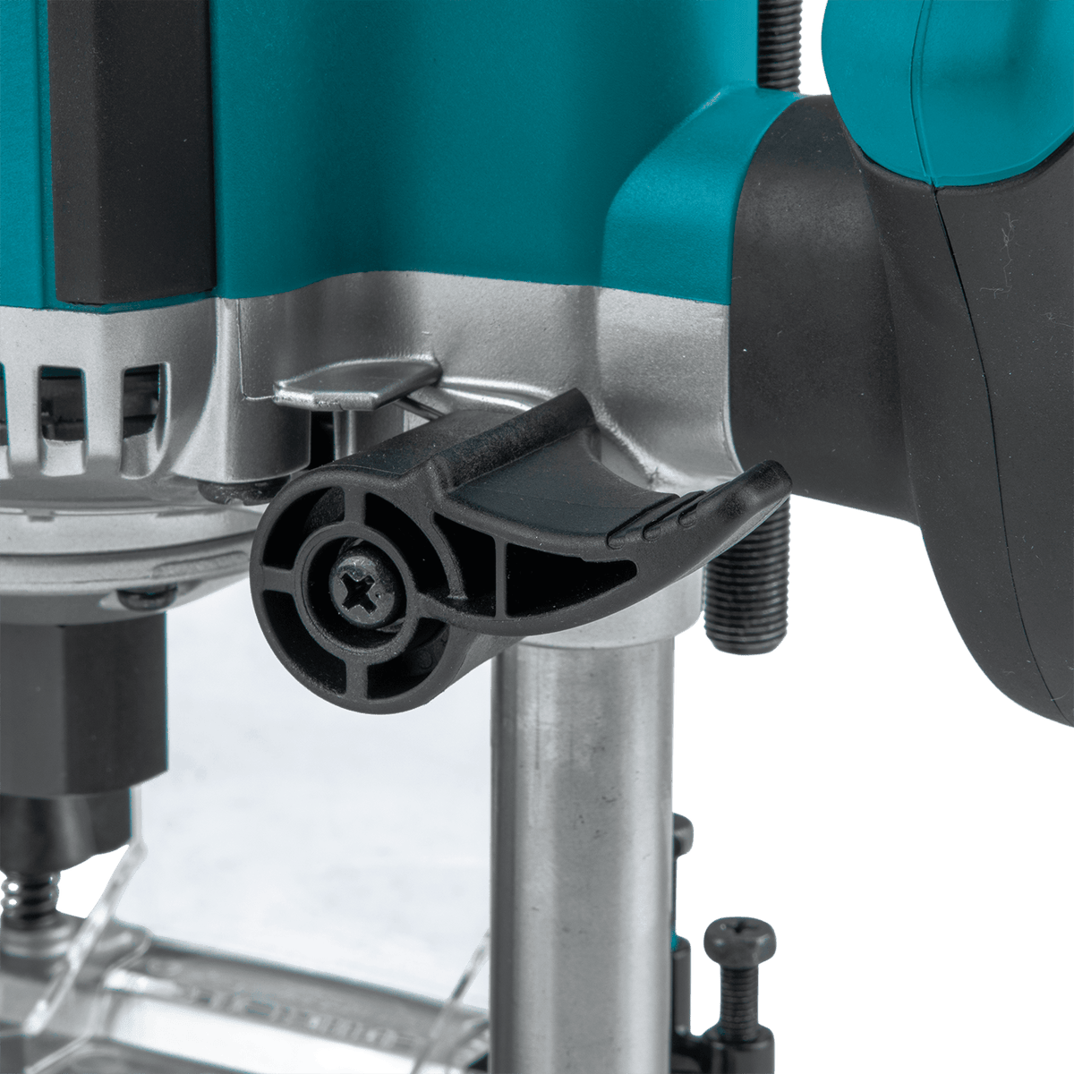 Ergonomic quick-release plunge lock lever on the Makita RP1800 router for instant depth-locking during mortising.
