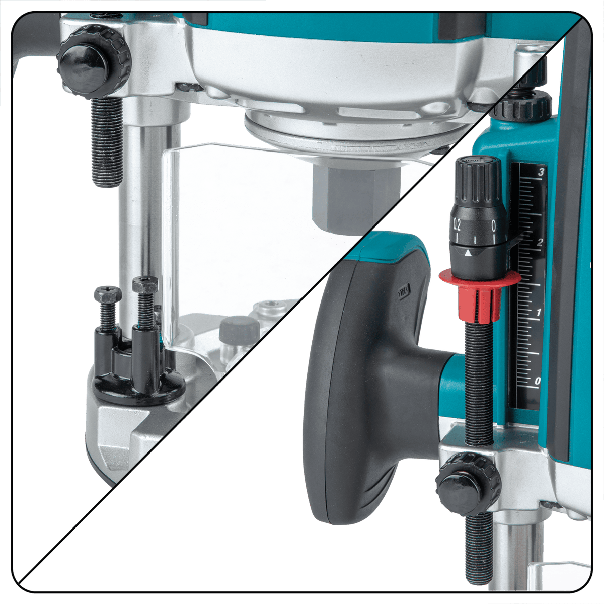 Makita RP1800 micro-depth adjustment dial and imperial scale rod for stepped-pass woodworking joinery.