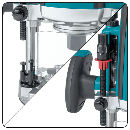 Makita RP1800 micro-depth adjustment dial and imperial scale rod for stepped-pass woodworking joinery.