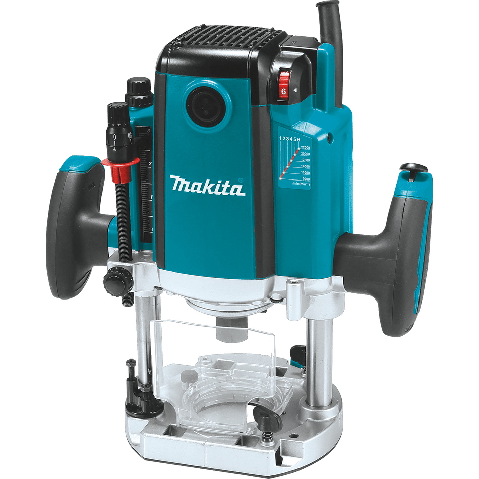 Makita RP2301FC 3-1/4 HP variable-speed plunge router with depth-adjustment scale, twin LED lights, and 1/2-inch collet.